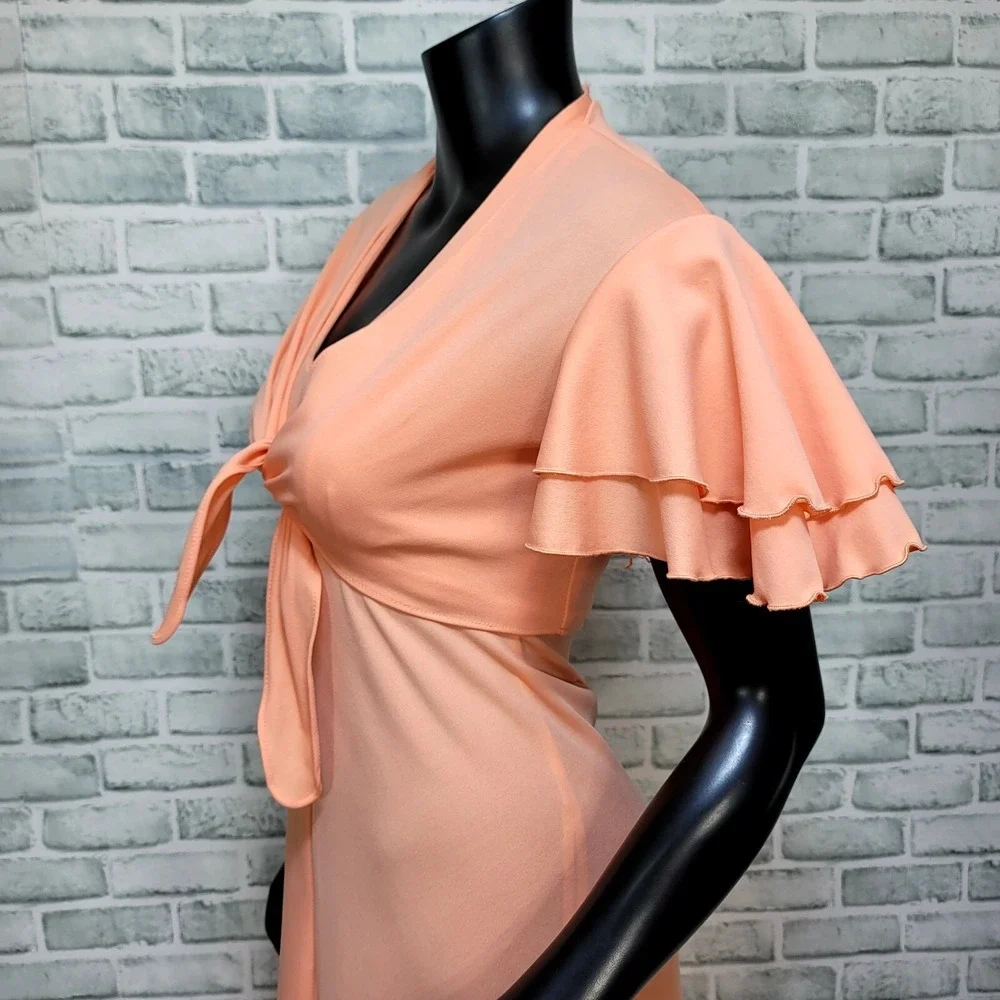 Vintage 70s Peach Maxi Halter Dress w/ Matching Ruffle Sleeve Crop Bolero Jacket